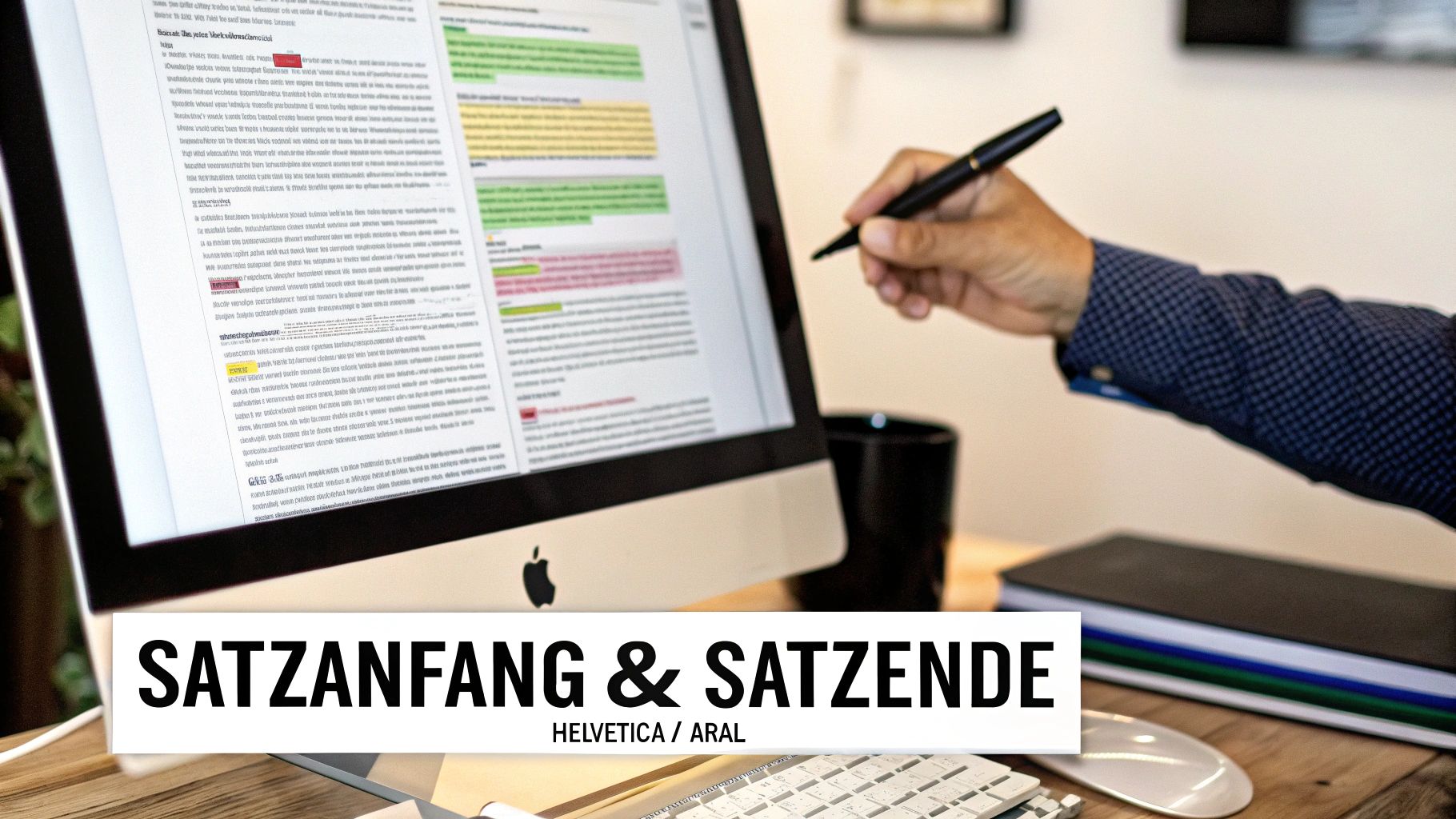 Hand hält Stift, bearbeitet Text auf Computerbildschirm mit Hervorhebungen zum Zitieren.