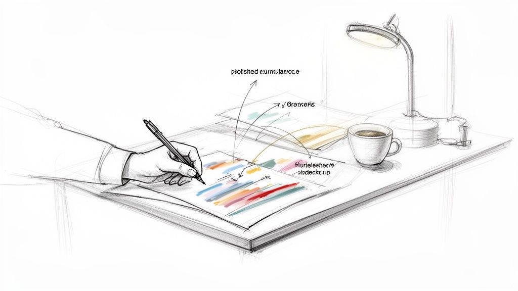 Hand schreibt am Schreibtisch an einem Dokument mit Farbakzenten, daneben Kaffee und Schreibtischlampe.