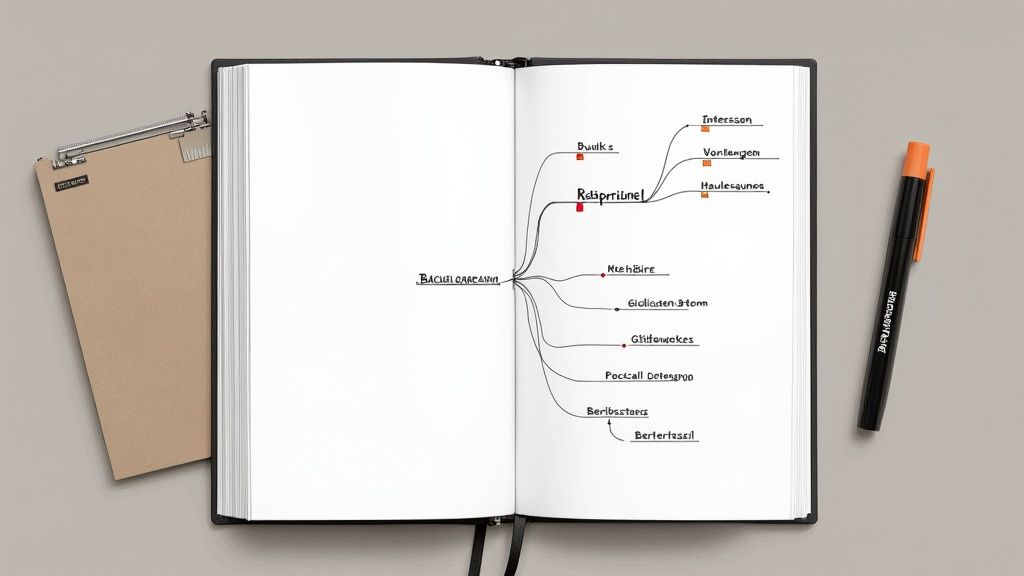 Eine Person schreibt konzentriert Ideen für ihre Bachelorarbeit an einer großen Tafel auf.
