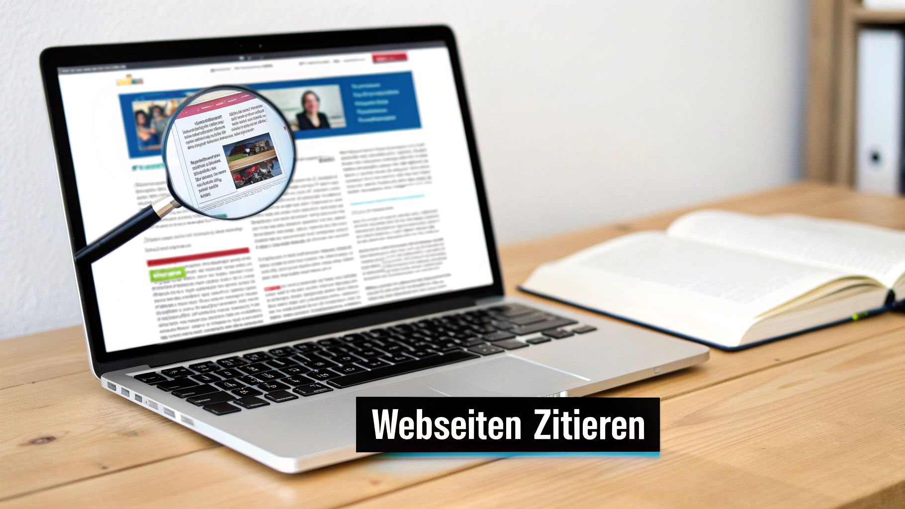 Laptop zeigt eine Webseite, die von einer Lupe vergrößert wird, neben einem offenen Buch auf einem Holzschreibtisch.