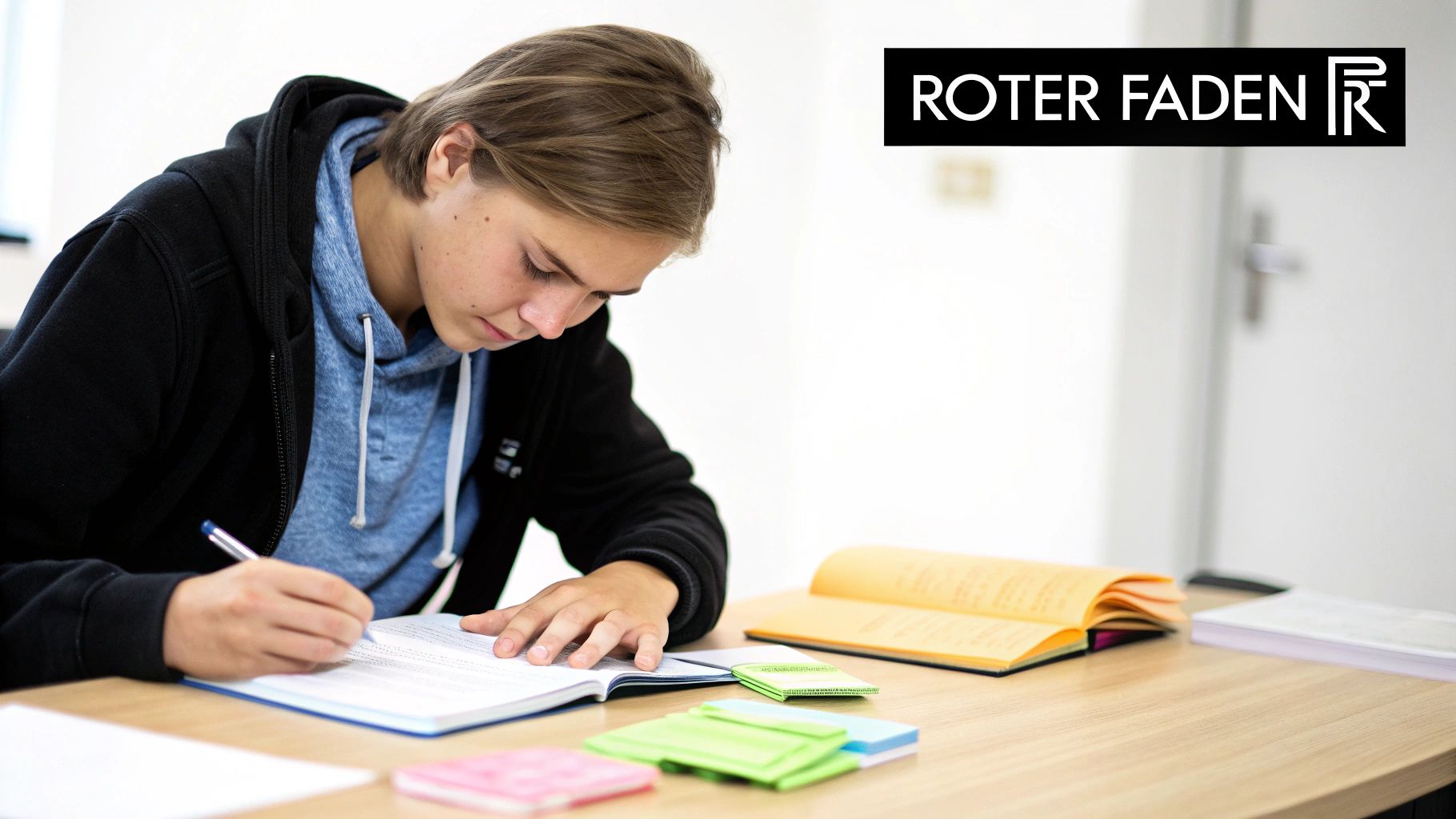 Ein junger Student schreibt konzentriert an einem Schreibtisch, umgeben von Büchern und Lernmaterialien.