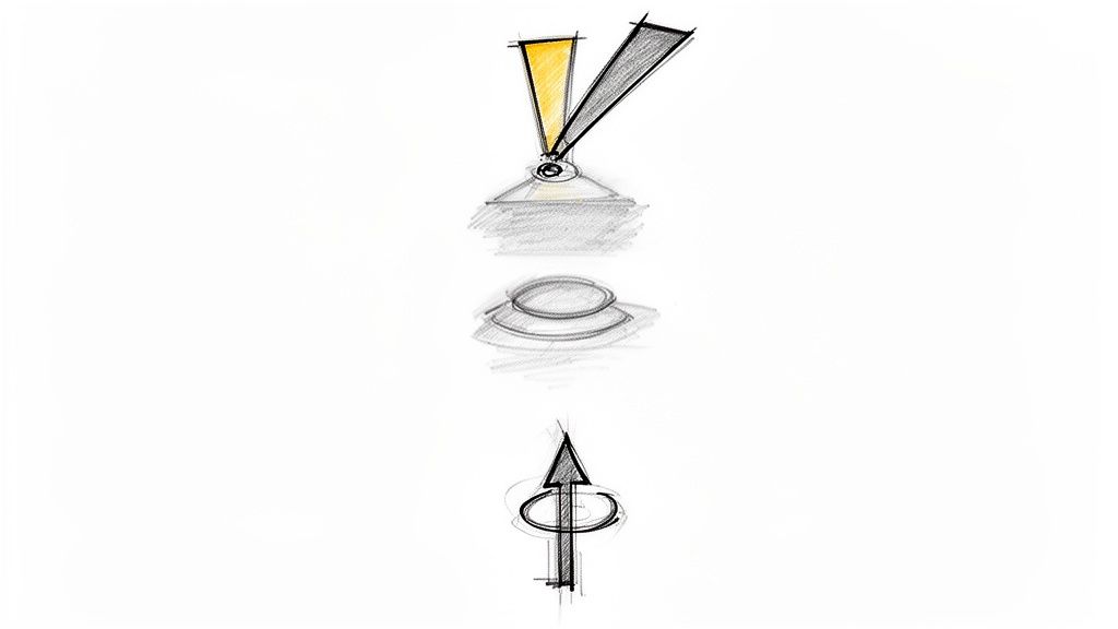 Drei handgezeichnete Skizzen: divergierende Fahnen, gestapelte Ellipsen und ein Pfeil mit Drehbewegung.