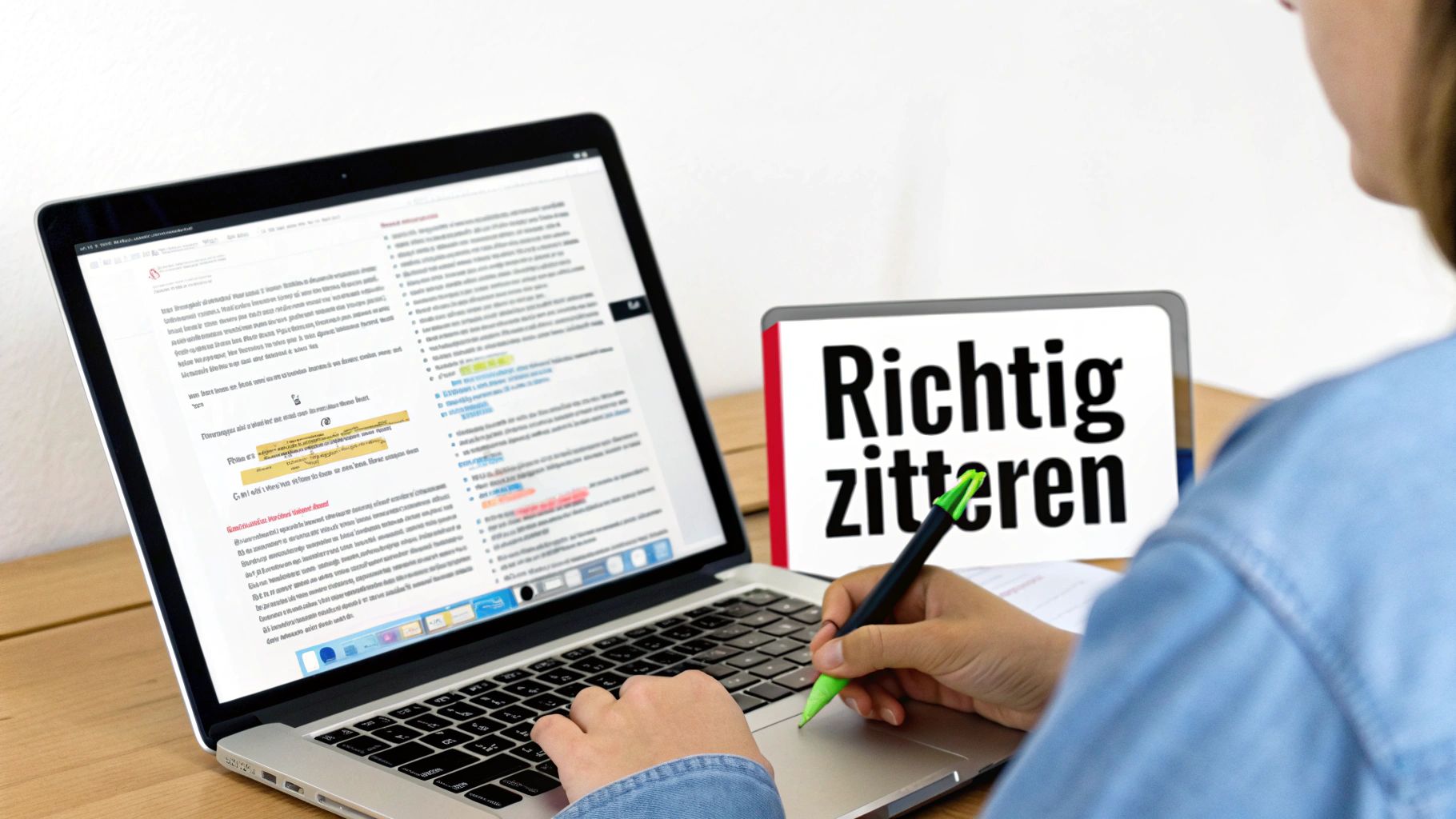 Person arbeitet am Laptop mit Textdokument und hält Textmarker. Ein Schild zeigt 'Richtig zitieren'.