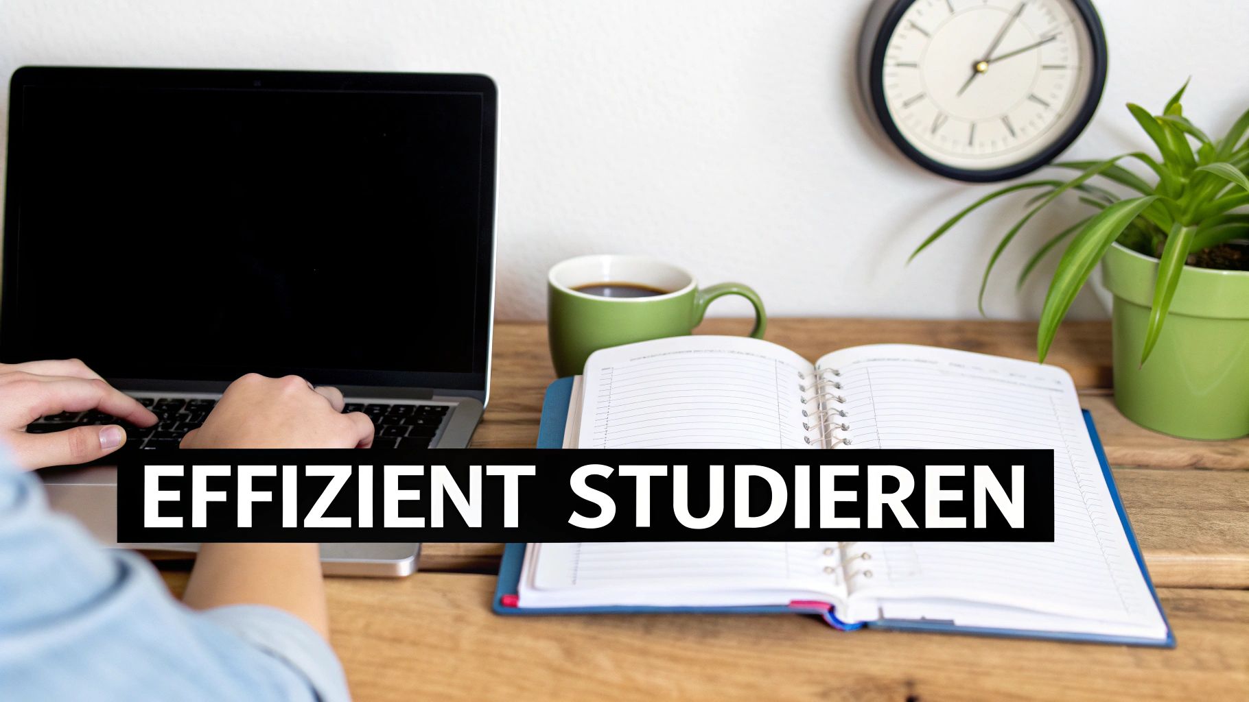Person tippt am Laptop; auf dem Schreibtisch liegen Notizbuch und Kaffee. Text: Effizient Studieren.