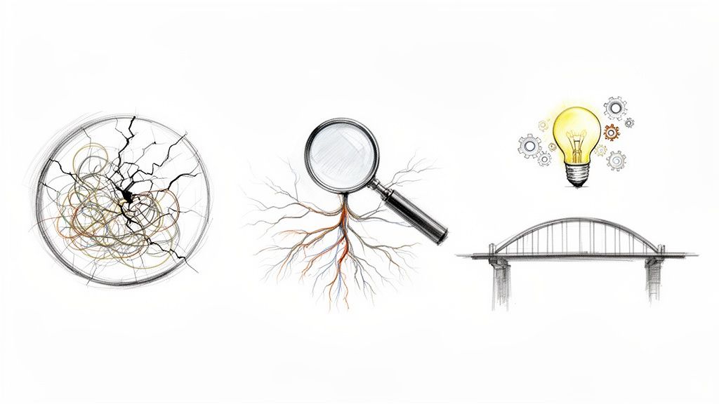 Drei Skizzen: ein komplexes Problem, eine Lupe zur Analyse und eine leuchtende Glühbirne mit Brücke als Lösung.