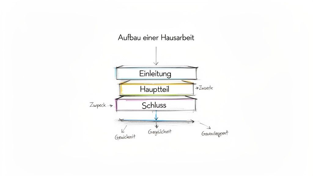 Schematische Darstellung des Aufbaus einer Hausarbeit, inklusive Einleitung, Hauptteil und Schluss mit relevanten Konzepten.