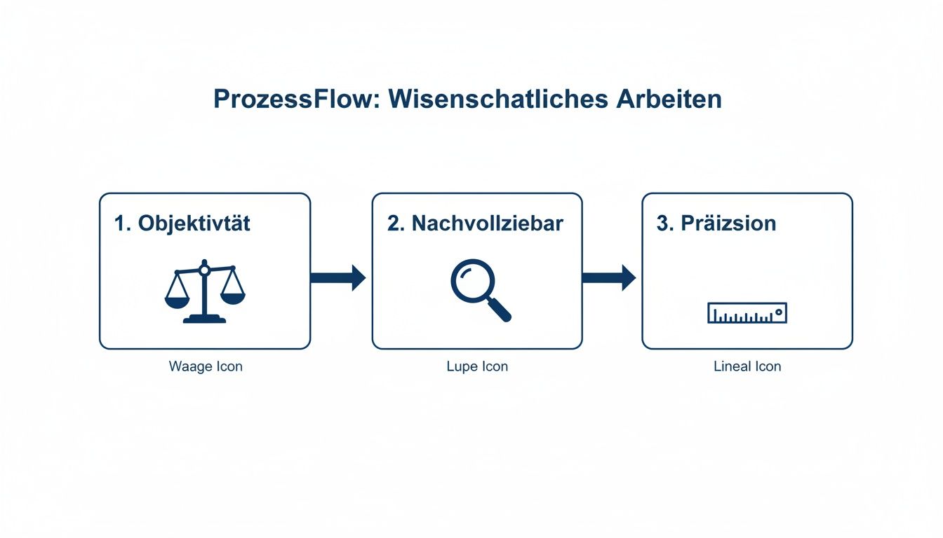 Ein Flussdiagramm illustriert die Prinzipien wissenschaftlichen Arbeitens: Objektivität mit Waage, Nachvollziehbarkeit mit Lupe und Präzision mit Lineal.