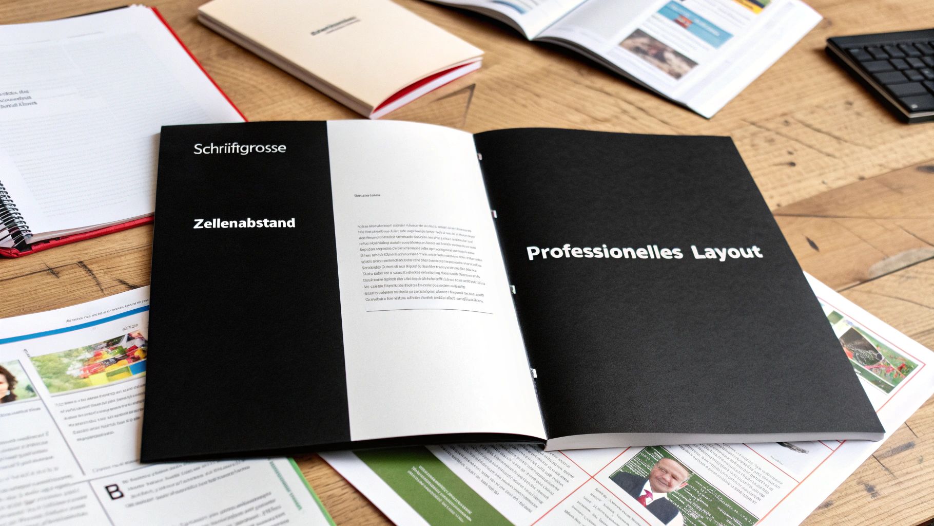 Offenes schwarzes Heft auf Holztisch mit Text zu Schriftgröße, Zellenabstand und professionellem Layout.