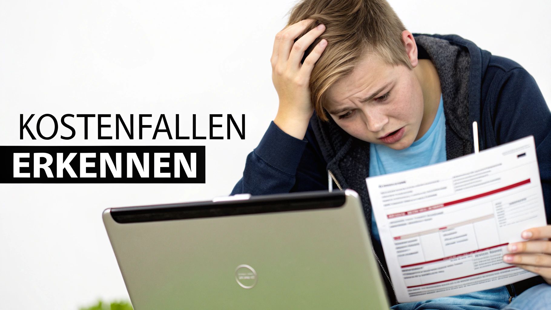 Ein junger Mann mit Laptop und Rechnung wirkt besorgt, mit dem Text 