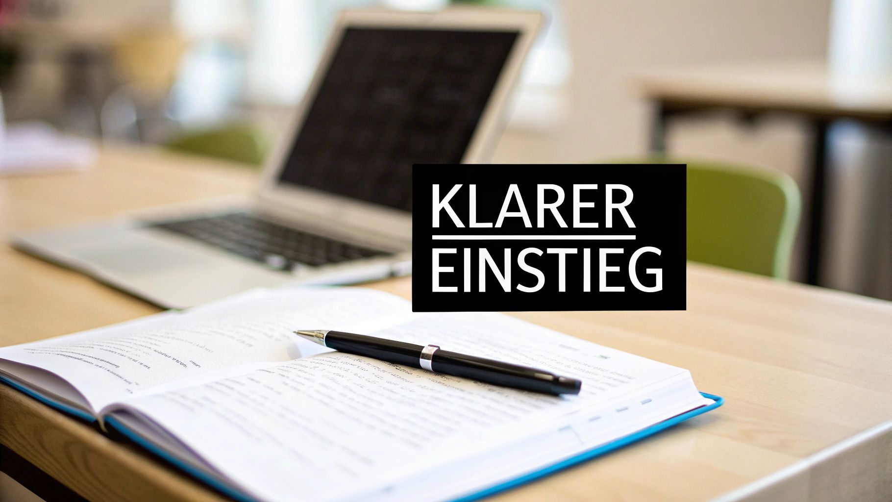 Ein Schreibtisch mit offenem Buch, Stift und Laptop im Hintergrund. Darüber der Text 'KLARER EINSTIEG'.
