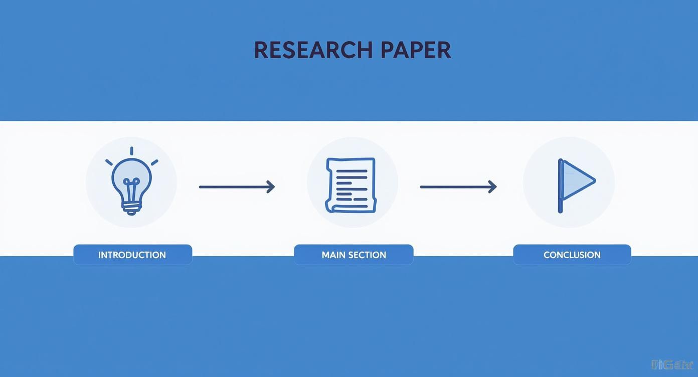 Infografik zeigt den Aufbau einer Facharbeit mit drei Abschnitten: Einleitung, Hauptteil und Schluss