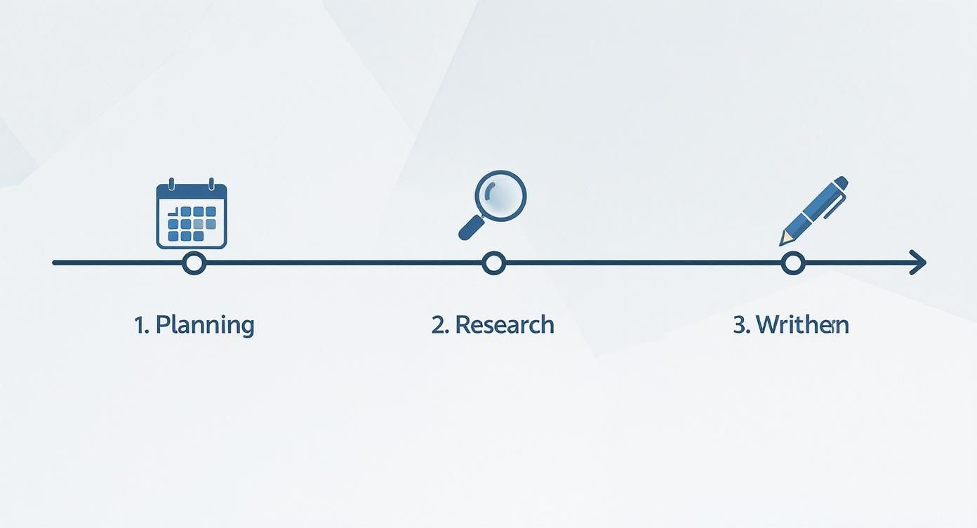 Drei Schritte eines Schreibprozesses: Planung mit Kalender, Recherche mit Lupe und Schreiben mit Stift.