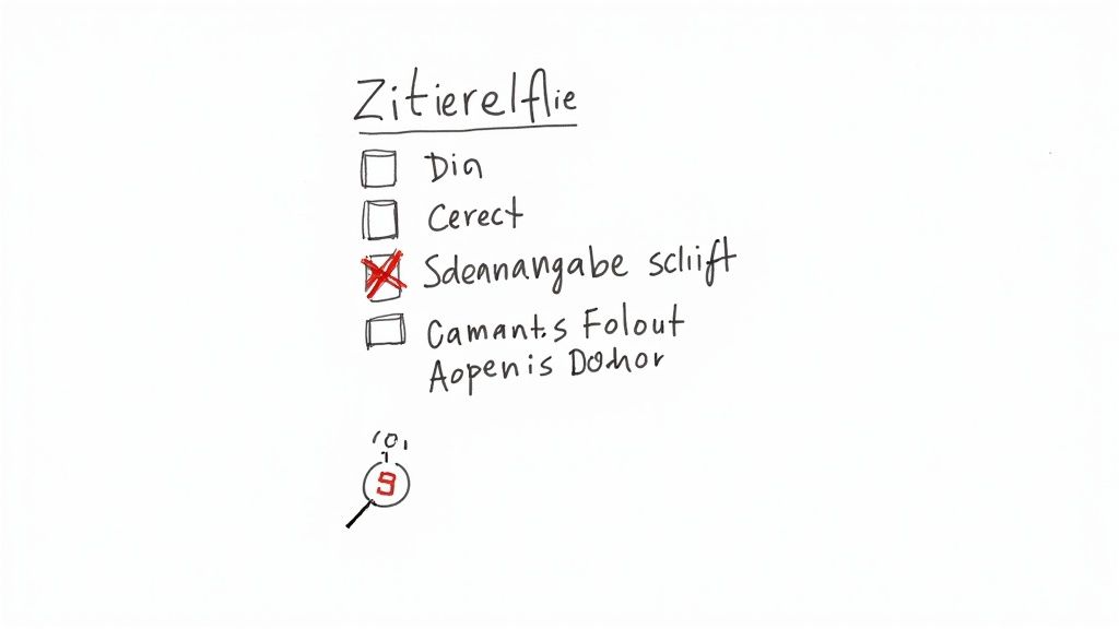 Handschriftliche Zitierfliege-Checkliste mit Optionen für Dia, Cerect, Sdannangabe Schrift und Camants Folout Aopenis Donor