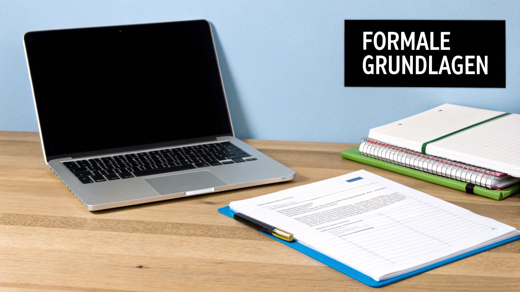Laptop, Dokumente und Notizbücher auf einem Holzschreibtisch mit einem Schild 'Formale Grundlagen' an der Wand.