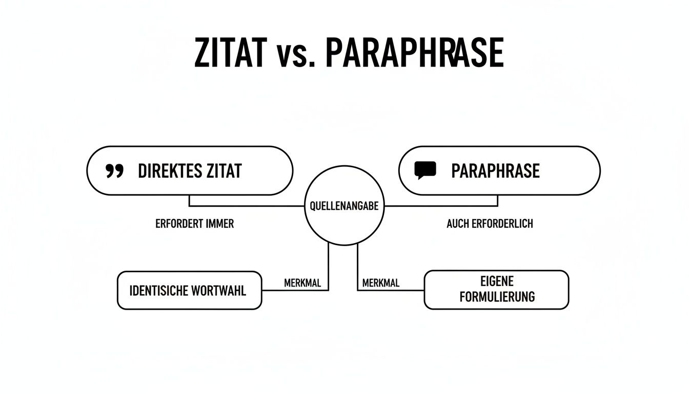 Ein Diagramm, das den Unterschied zwischen direktem Zitat und Paraphrase erklärt, einschließlich Quellenangabe und Wortwahl.