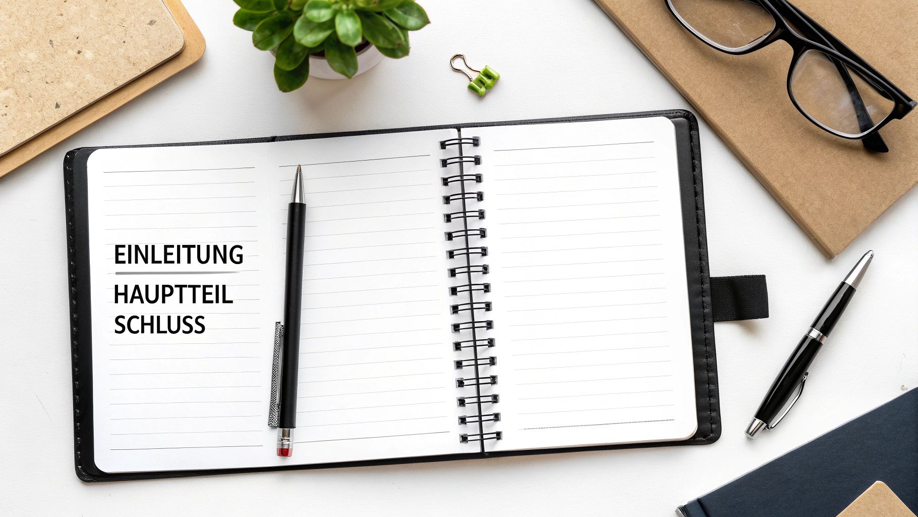 Offenes Notizbuch mit der Gliederung „Einleitung, Hauptteil, Schluss“ und einem Stift auf einem Schreibtisch.