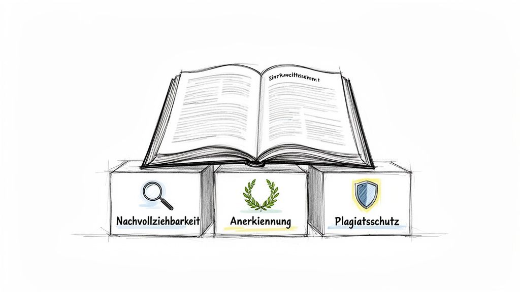 Ein offenes Buch liegt auf drei Blöcken, die Nachvollziehbarkeit, Anerkennung und Plagiatsschutz symbolisieren.