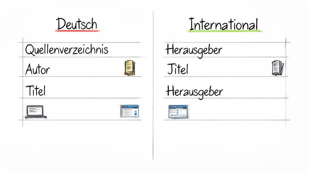 Gegenüberstellung deutscher und internationaler Zitierweisen für Bücher und Online-Quellen mit entsprechenden Icons.