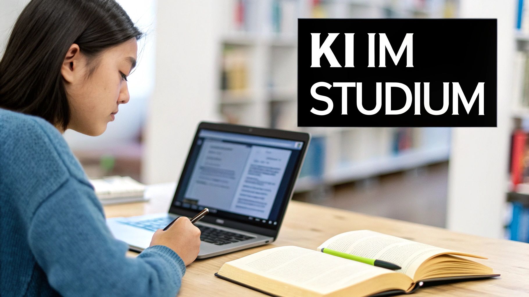 Eine Person tippt konzentriert an einem Laptop, umgeben von Büchern und Notizen, was den akademischen Schreibprozess symbolisiert.