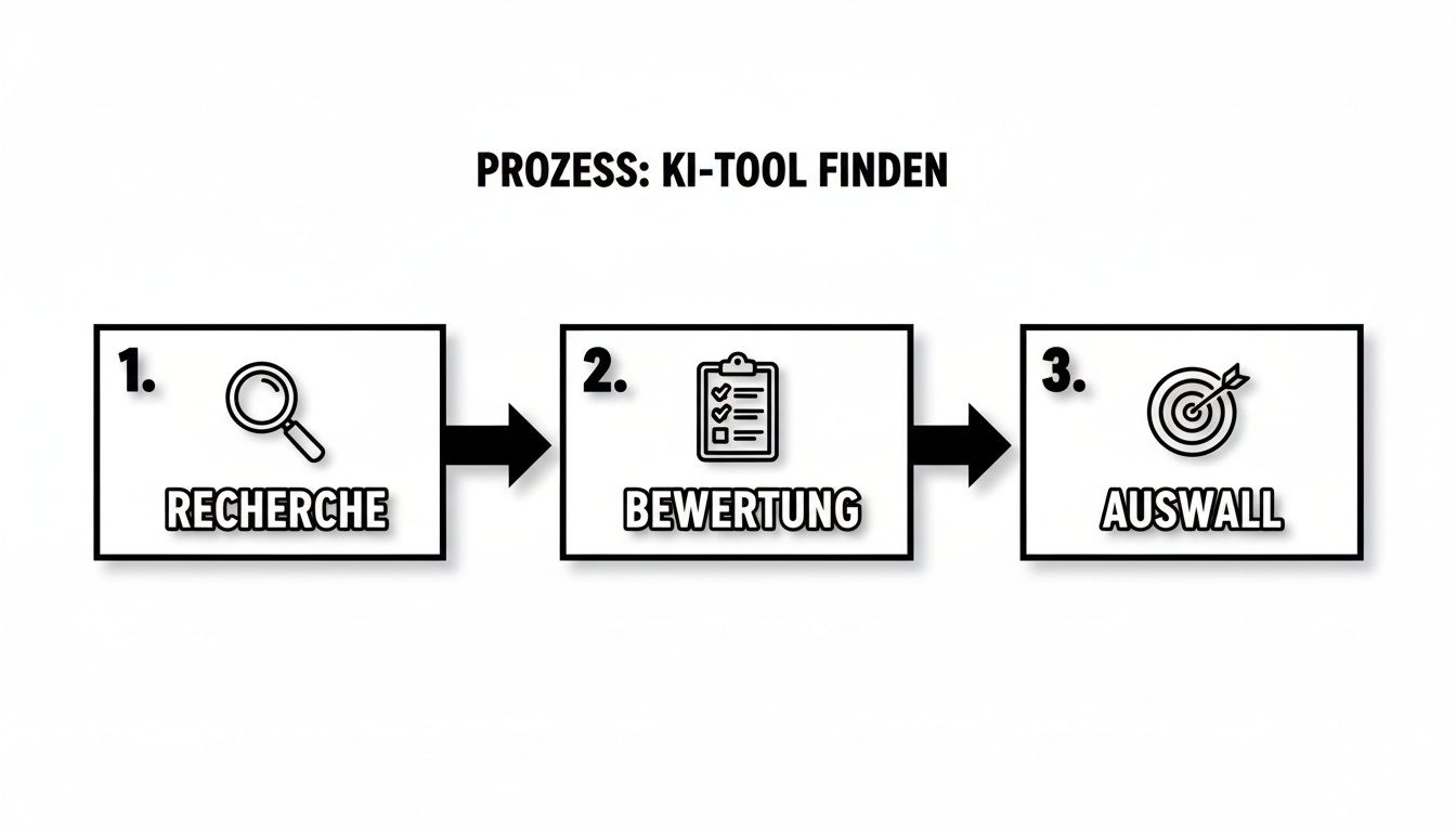 Flussdiagramm zeigt den dreistufigen Prozess zur Auswahl eines KI-Tools: Recherche, Bewertung und Auswahl.