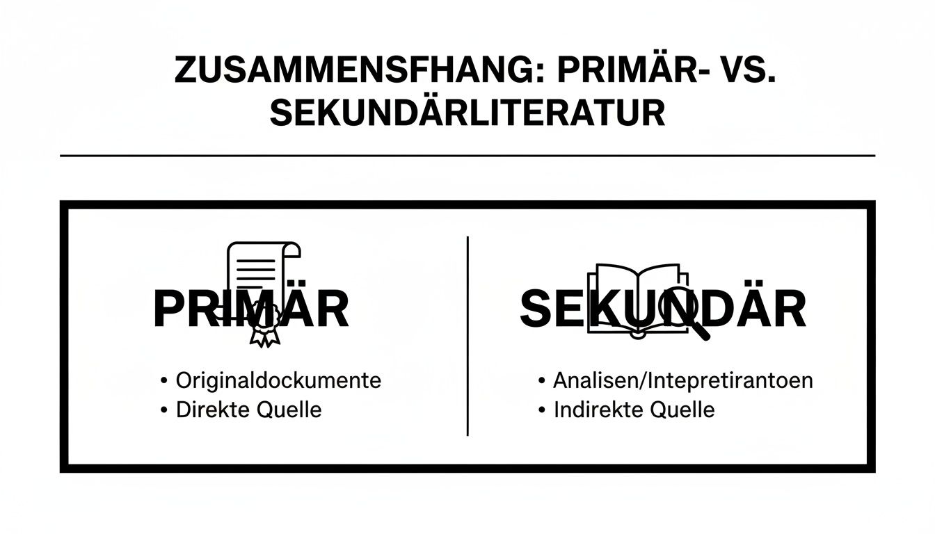 Eine Grafik erklärt den Unterschied zwischen Primär- und Sekundärliteratur mit Beispielen und Symbolen.