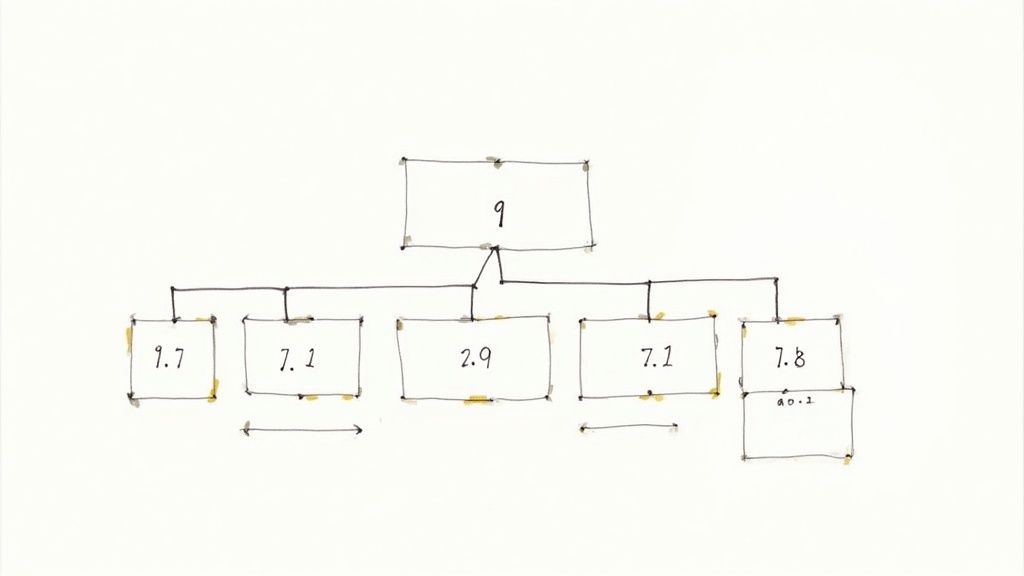 Handgezeichnetes Hierarchiediagramm mit 'q' an der Spitze und numerischen Werten in verbundenen Kästen.