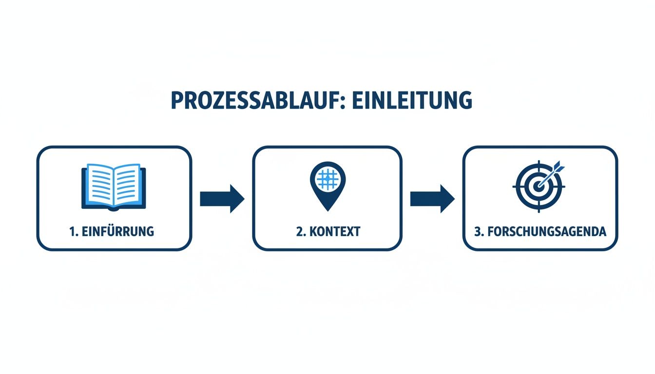 Prozessablauf der Einleitung einer wissenschaftlichen Arbeit mit den Schritten Einführung, Kontext und Forschungsagenda.