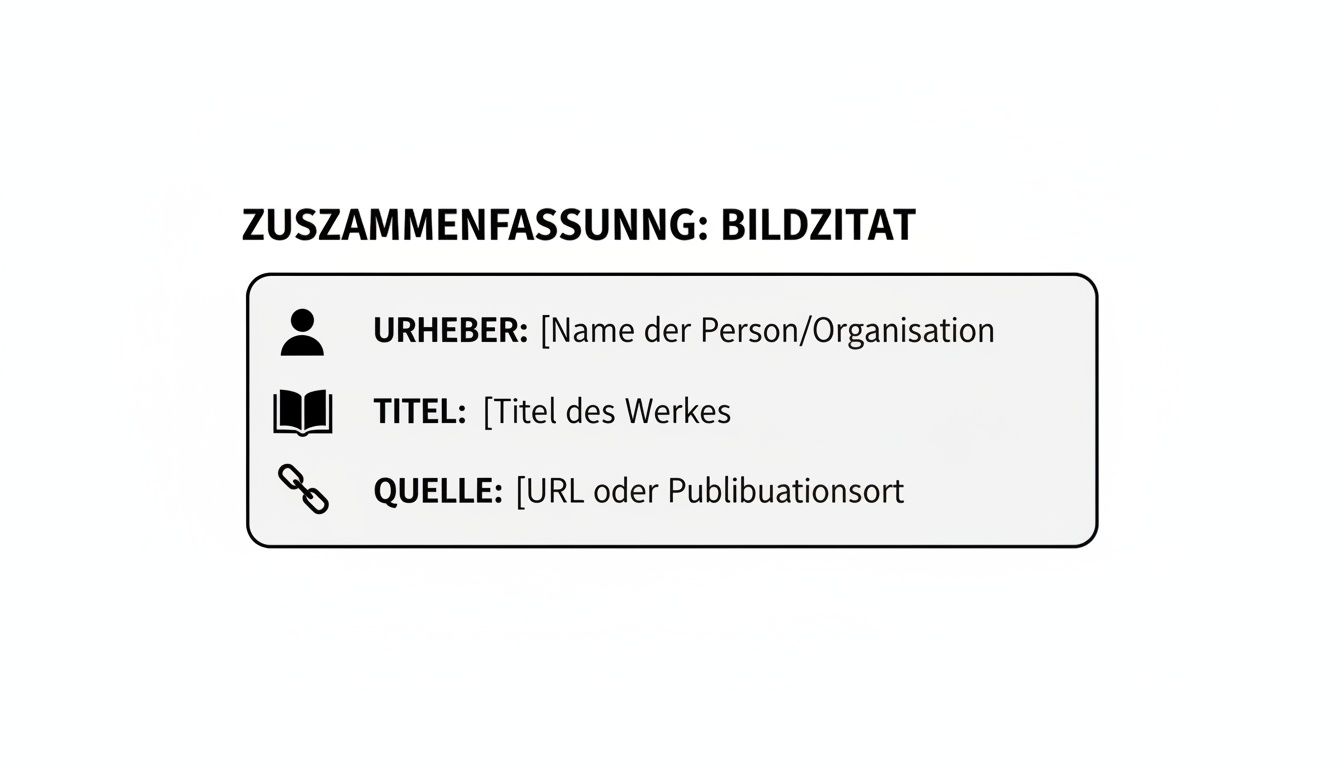 Strukturierte Anleitung zur Bildzitation mit Feldern für Urheber, Titel und Quelle.
