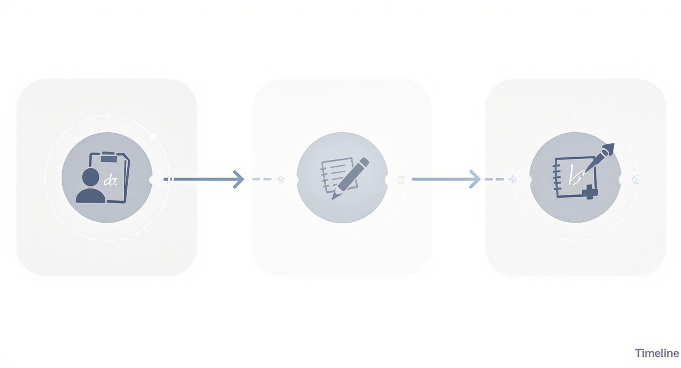 Drei Schritte im Prozess des Schreibens, von Entwurf bis zur Überarbeitung, mit Person, Notizbuch und Stift.