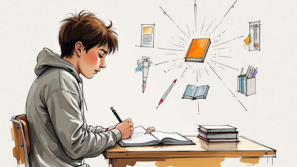 Eine Person tippt konzentriert an einer Forschungsarbeit an ihrem Schreibtisch, umgeben von Büchern und Notizen.