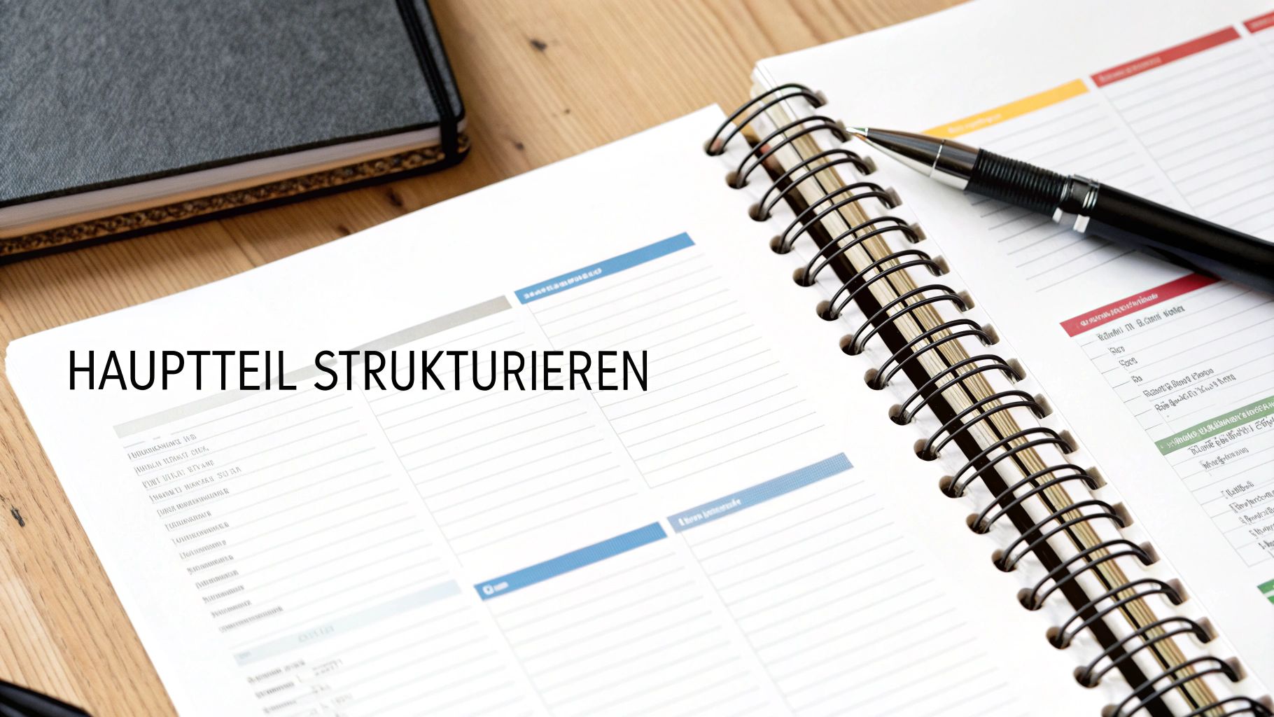 Ein offenes Notizbuch mit der Überschrift 'HAUPTTEIL STRUKTURIEREN' und einem Stift auf einem Holztisch.