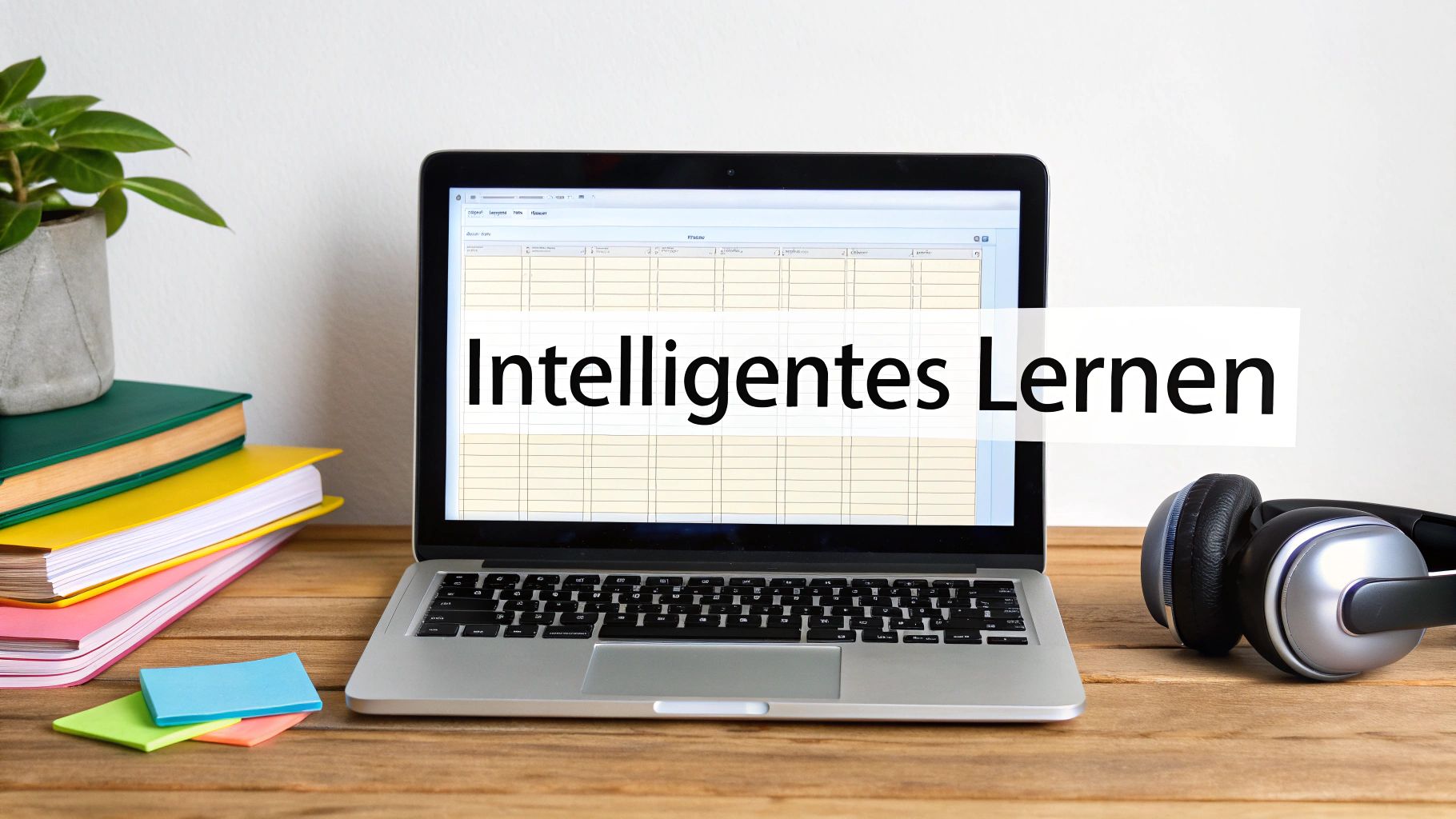 Laptop mit „Intelligentes Lernen“ Text, daneben Bücher, Pflanze und Kopfhörer auf Holztisch.