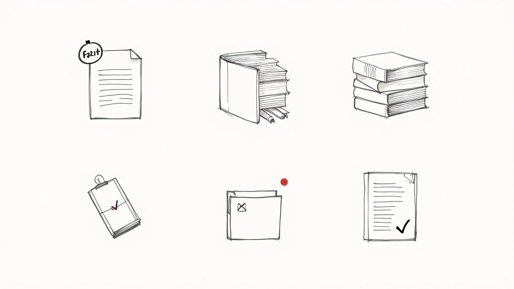 Illustrationen verschiedener Dokumente und Bücher für den strukturierten Aufbau einer wissenschaftlichen Facharbeit