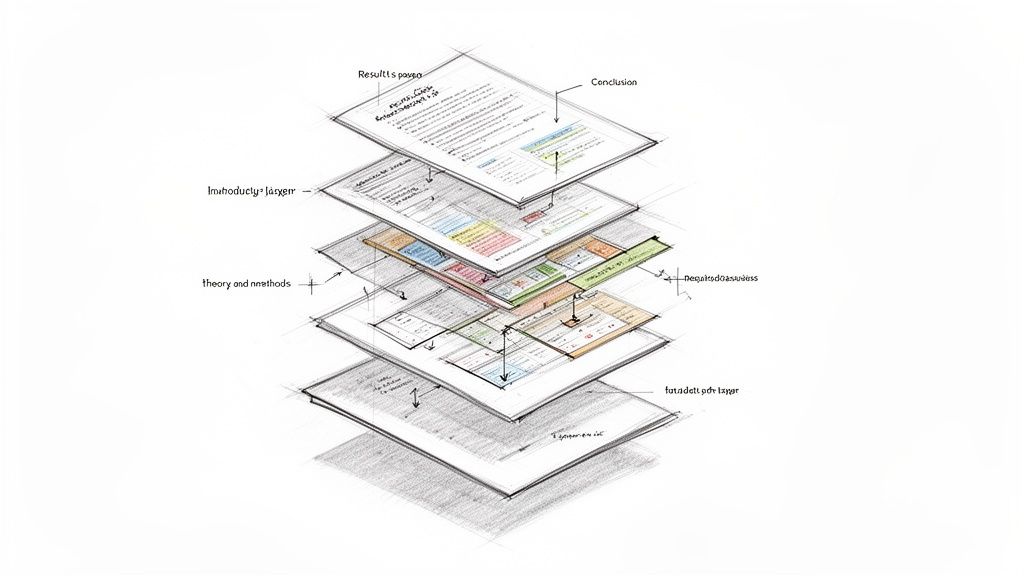 Schichtdiagramm einer wissenschaftlichen Arbeit mit Abschnitten wie Einleitung, Methodik, Ergebnisse und Fazit.