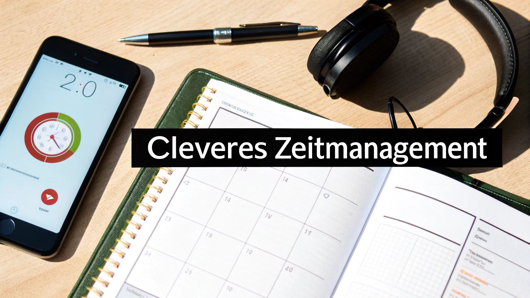 Smartphone mit Timer-App, Notizbuch, Stift und Kopfhörer auf einem Schreibtisch. Text: Cleveres Zeitmanagement.