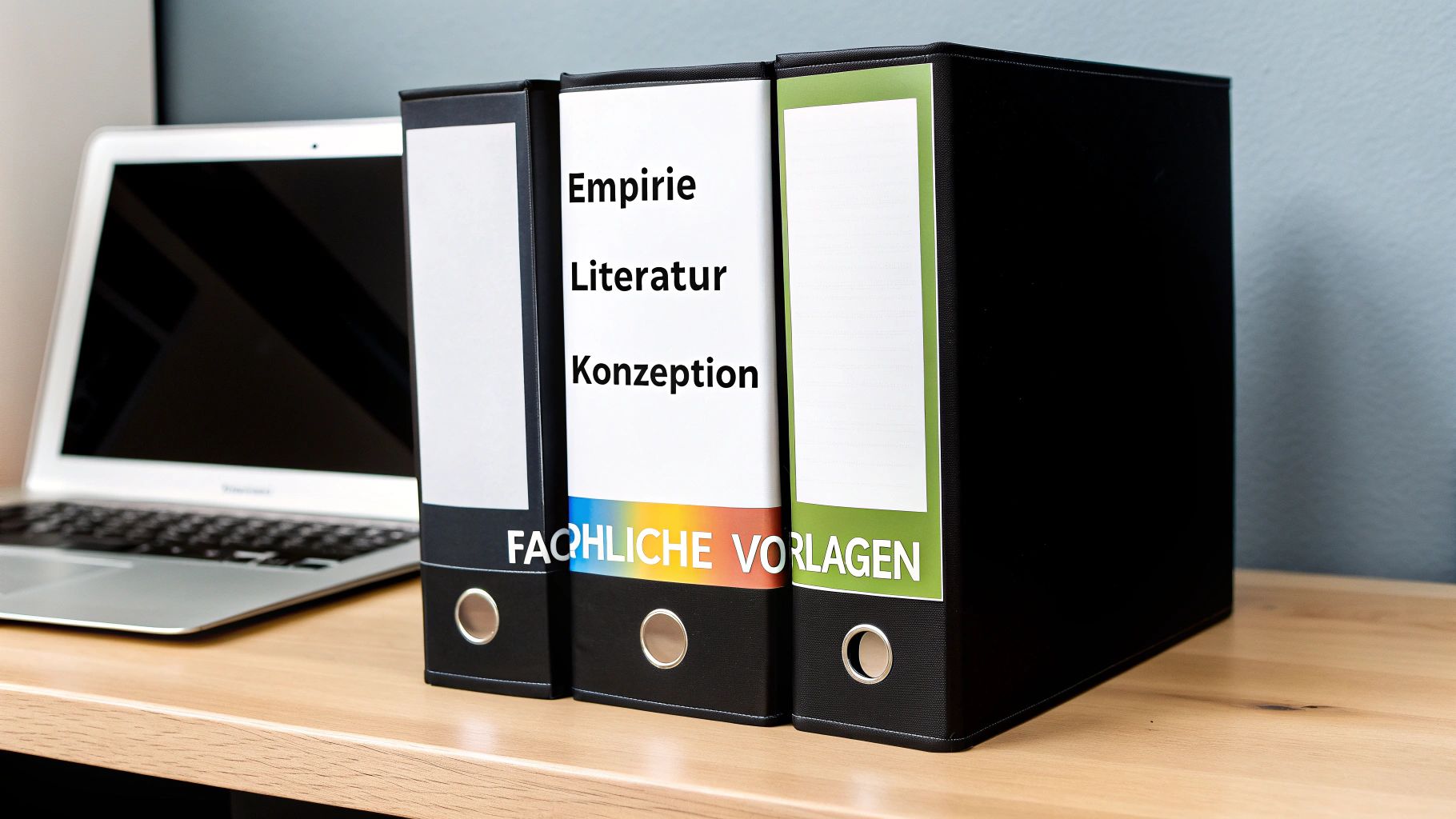 Drei schwarze Aktenordner auf einem Holztisch mit einem Laptop im Hintergrund. Beschriftungen zeigen 'Empirie', 'Literatur', 'Konzeption' und 'FACHLICHE VORLAGEN'.