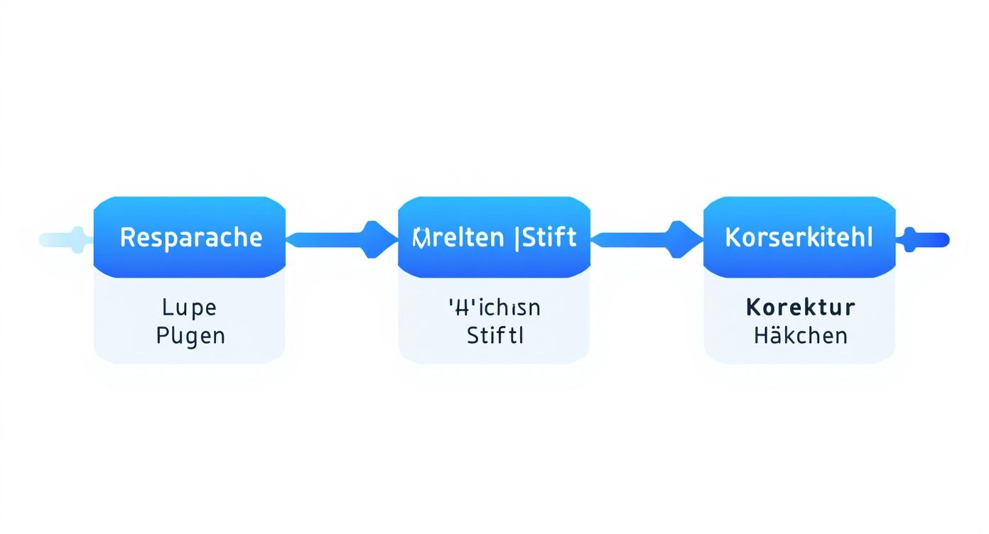 Flussdiagramm zeigt Schreibprozess einer Seminararbeit: Recherche, Schreiben mit Stift, und Korrektur mit Tastatur