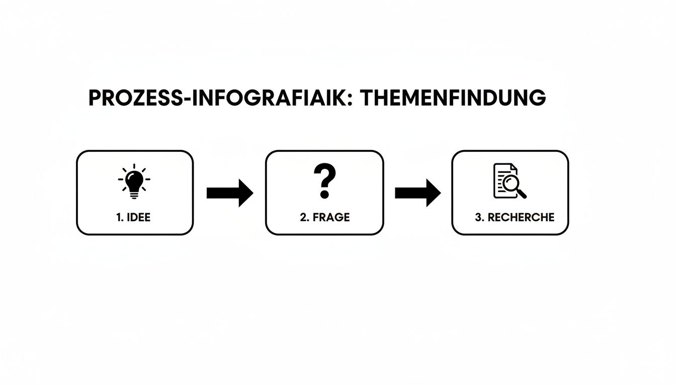 Infografik zeigt den dreistufigen Prozess der Themenfindung: Idee, Frage und Recherche mit entsprechenden Symbolen.