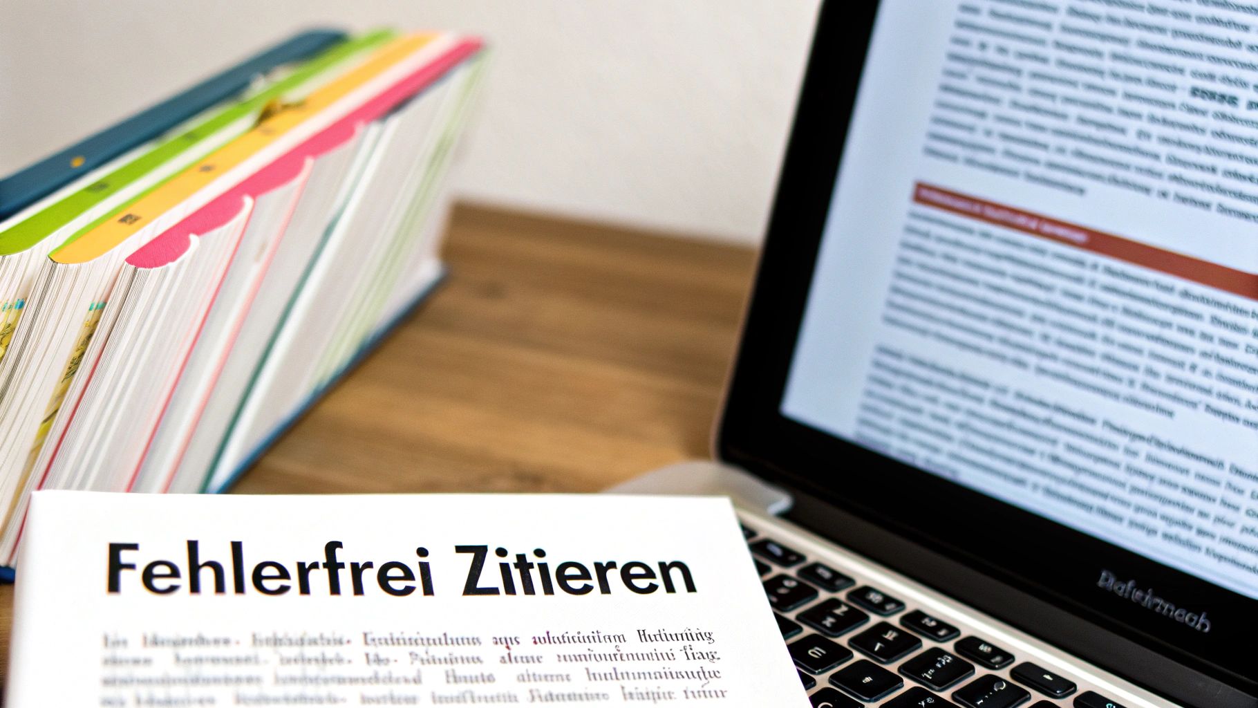 Arbeitsplatz mit Laptop, Lehrbüchern und Dokument zum fehlerfreien Zitieren, ideal für Studenten.