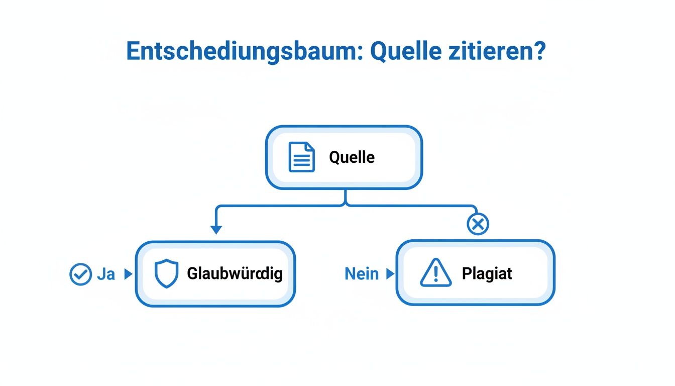 Ein Entscheidungsbaum visualisiert die Frage, ob eine Quelle zitiert werden sollte, basierend auf ihrer Glaubwürdigkeit oder als Plagiat.