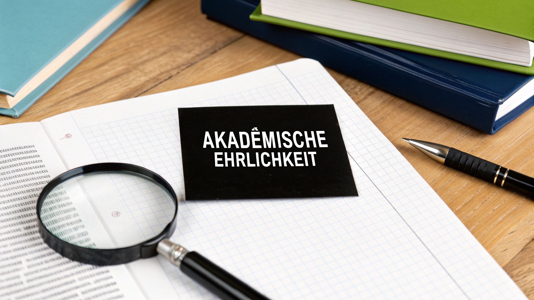 Offenes Notizbuch mit Lupe, Stift und einer Karte mit der Aufschrift 'AKADEMISCHE EHRLICHKEIT' auf einem Holztisch.