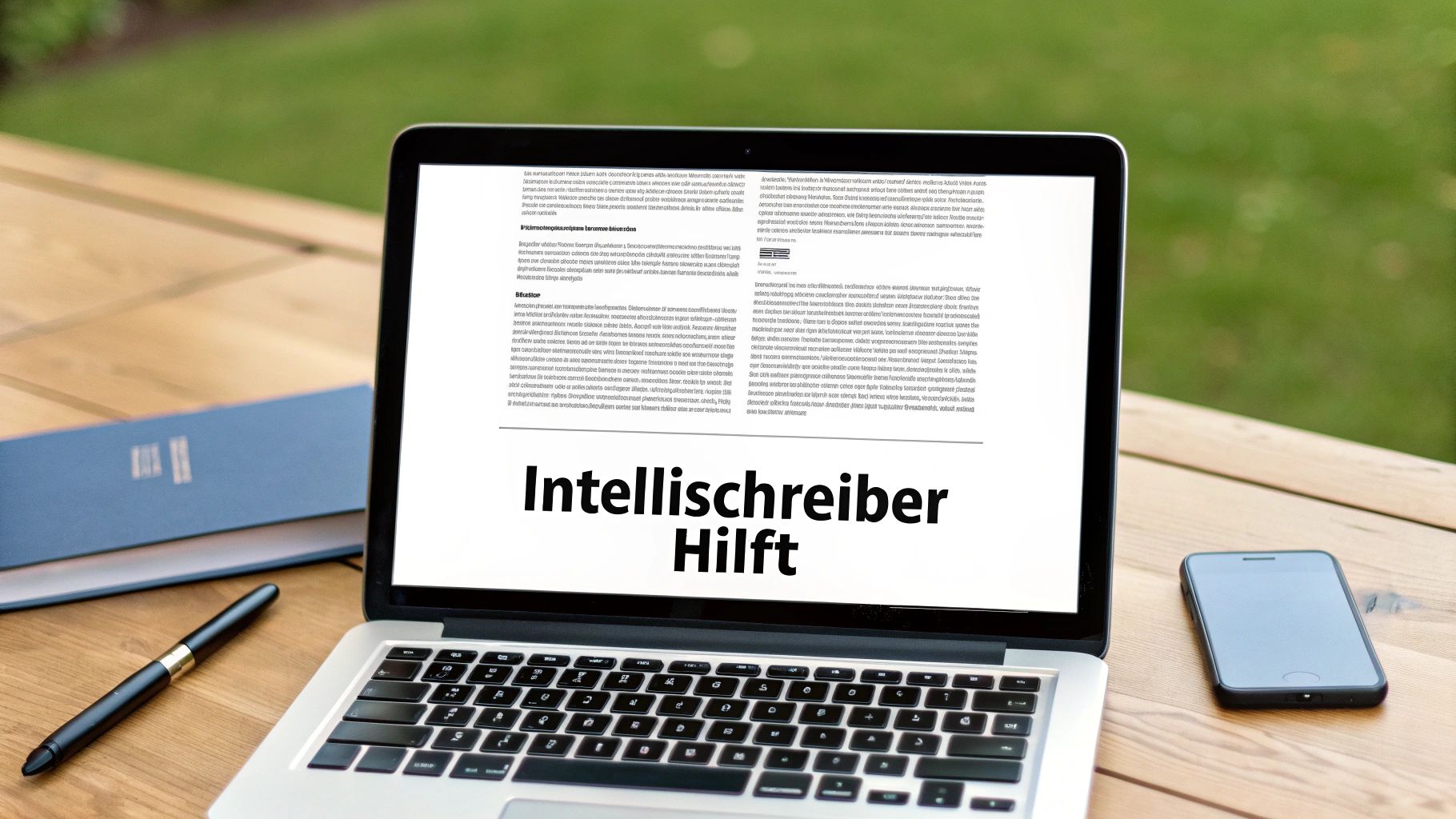 Laptop auf Holztisch mit der Aufschrift 