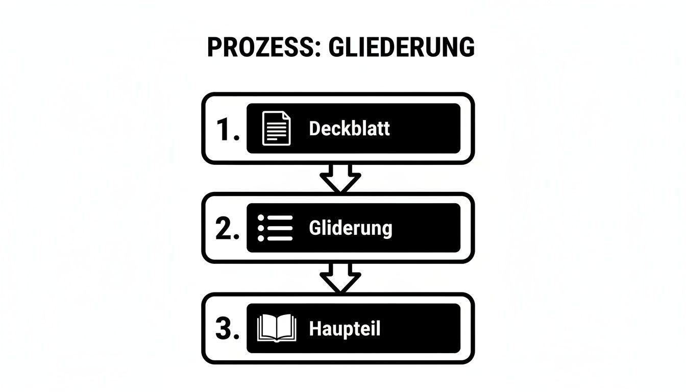 Prozessdiagramm zur Erstellung einer Hausarbeit, das die Schritte Deckblatt, Gliederung und Hauptteil darstellt.