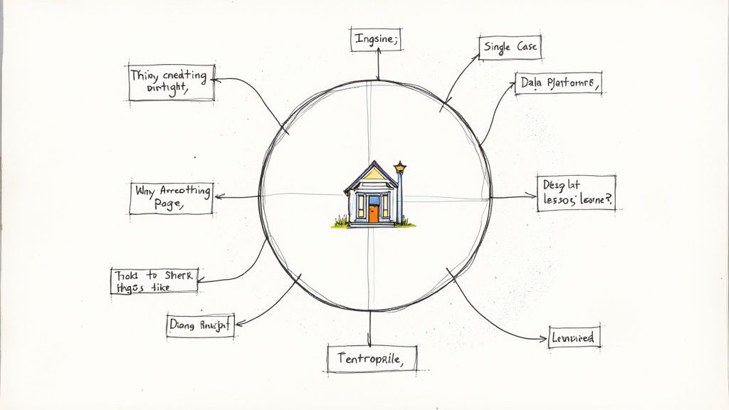 Handgezeichnetes Diagramm mit Haus in der Mitte, umgeben von verschiedenen beschrifteten Konzepten und Verbindungslinien