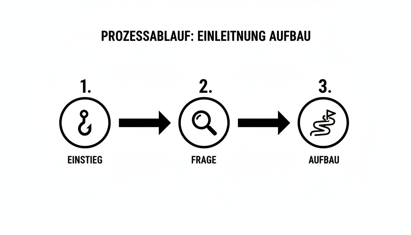 Prozessablauf zum Schreiben einer Einleitung und zum Aufbau. Zeigt drei Schritte: Einstieg, Frage, Aufbau mit Icons und Pfeilen.