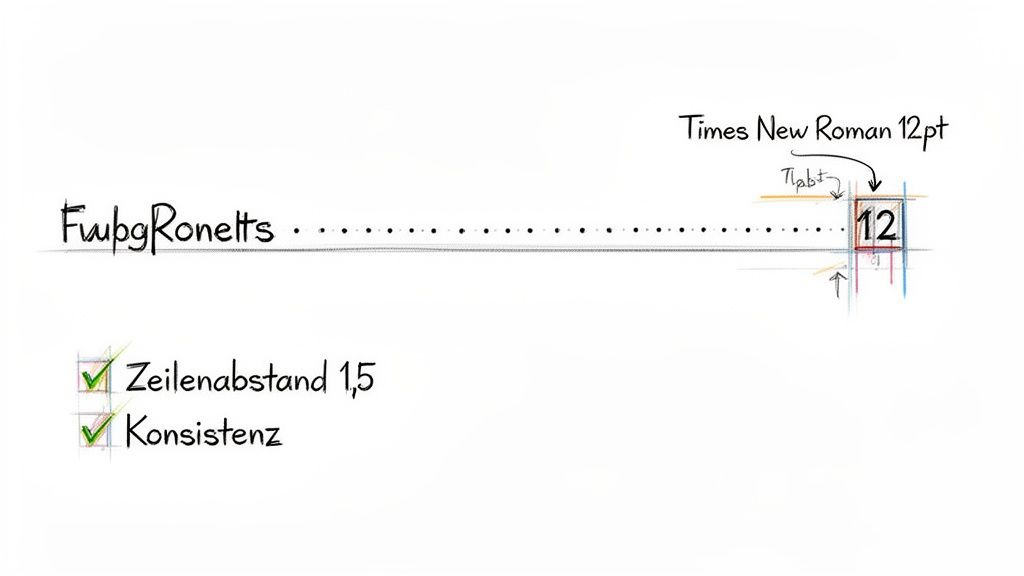 Eine Skizze zu Typografie und Textformatierung mit Schriftart, Schriftgröße, Zeilenabstand und Konsistenzangaben.