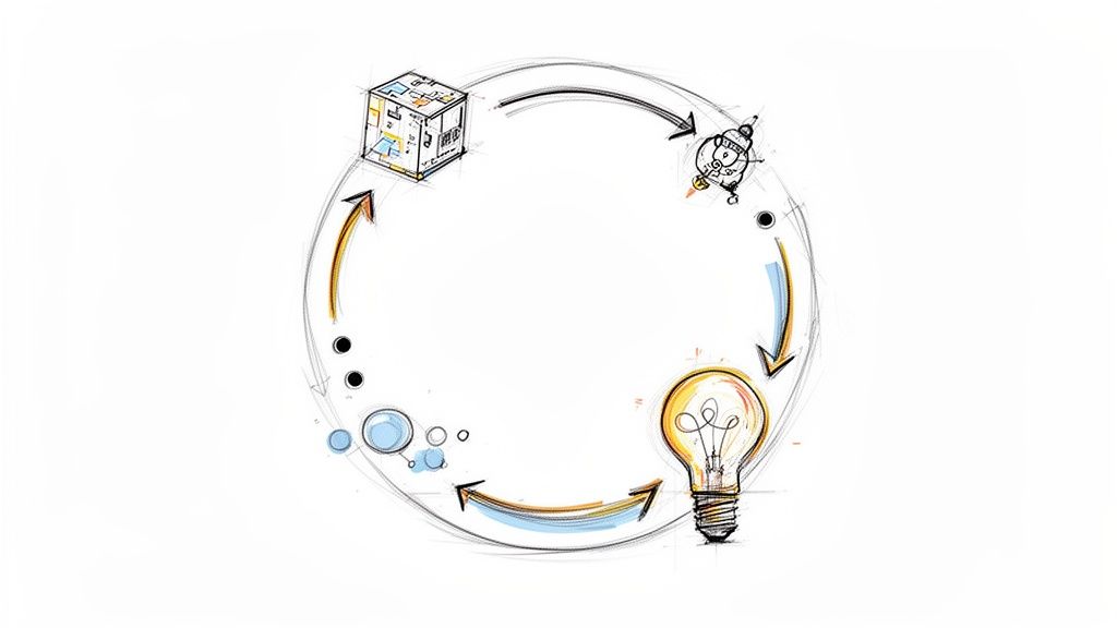 Skizze eines Kreislaufs mit einer Box, Raumschiff, Glühbirne und Blasen, die einen kreativen oder Entwicklungsprozess darstellen.