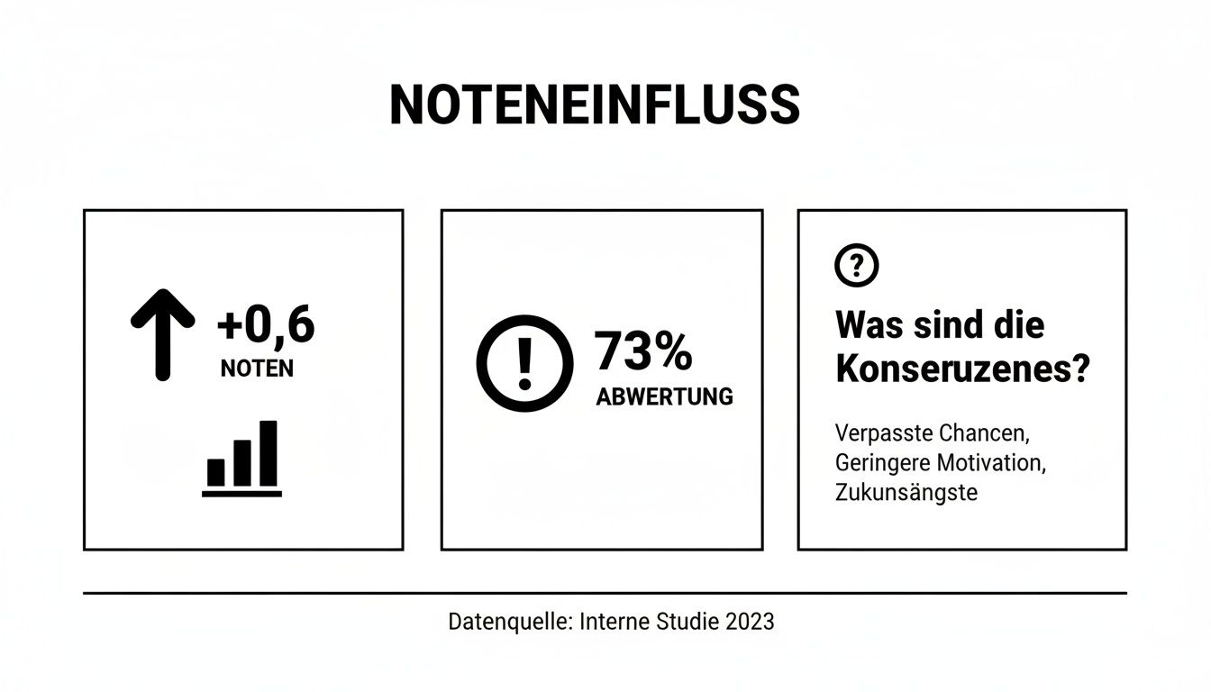 Infografik zum Noteneinfluss: Zeigt eine Steigerung von 0,6 Noten, 73% Abwertung und negative Konsequenzen.