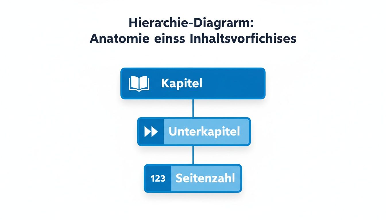 Hierarchisches Diagramm zeigt die Struktur eines Inhaltsverzeichnisses mit Kapitel, Unterkapitel und Seitenzahl.