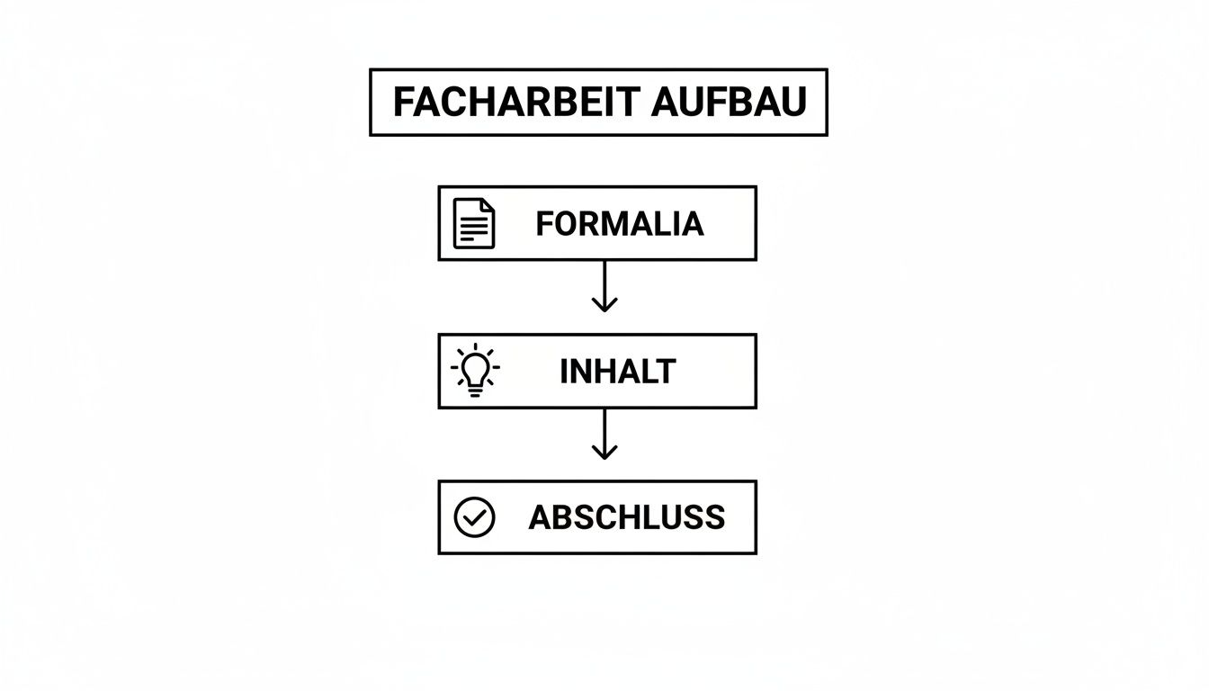 Flussdiagramm zum Aufbau einer Facharbeit, detailliert die Schritte Formalia, Inhalt und Abschluss.